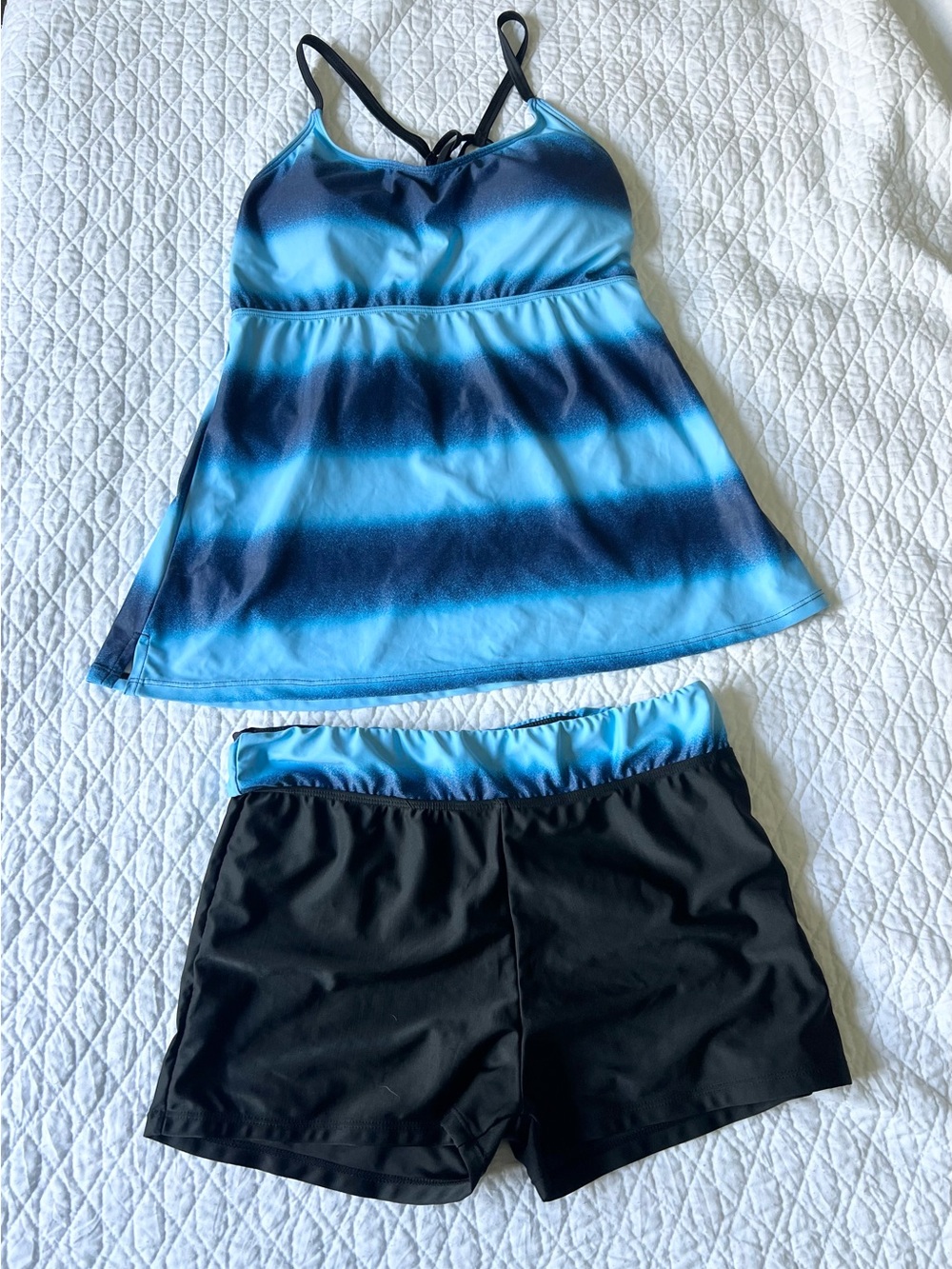 Blue Ombre Tankini Set with Black Swim Shorts